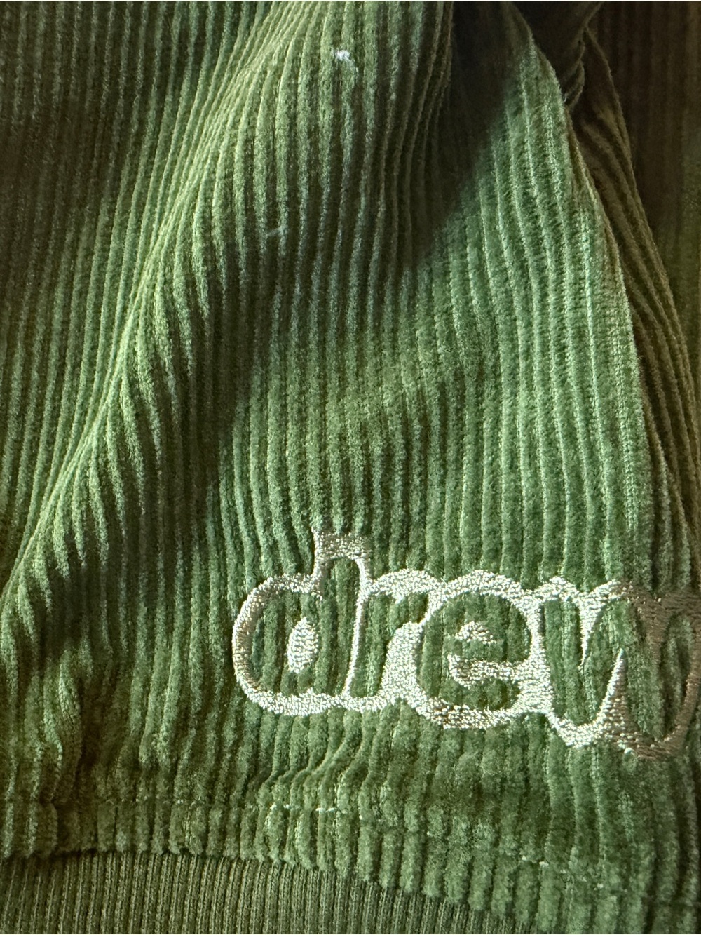 drew house Olive Green Corduroy Crewneck withEmbroidered Logo
